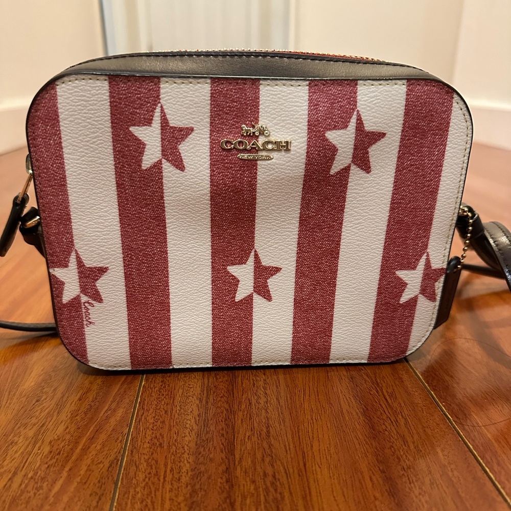Coach red and white stripes with stars mini camera bag